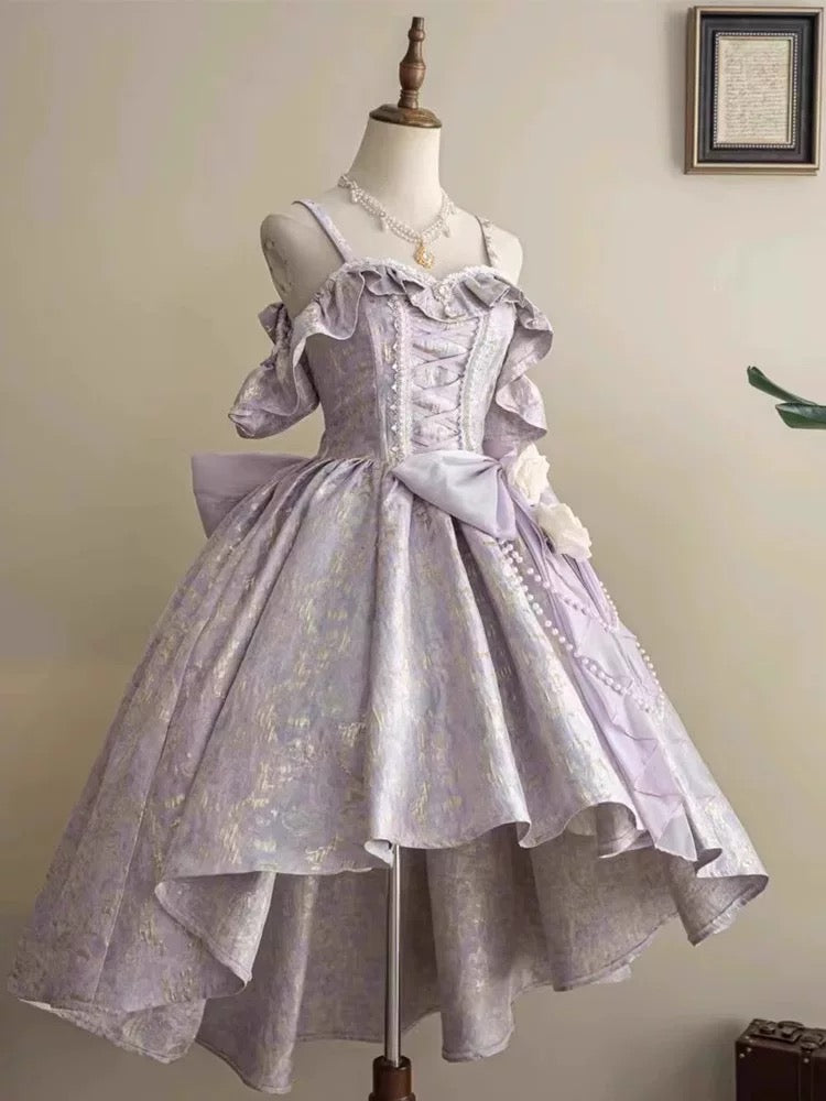 Vintage Prom Dress Outfit Ball Gown Spaghetti Strap Lilac Lace Long Prom Dresses Formal Evening Gowns AU370