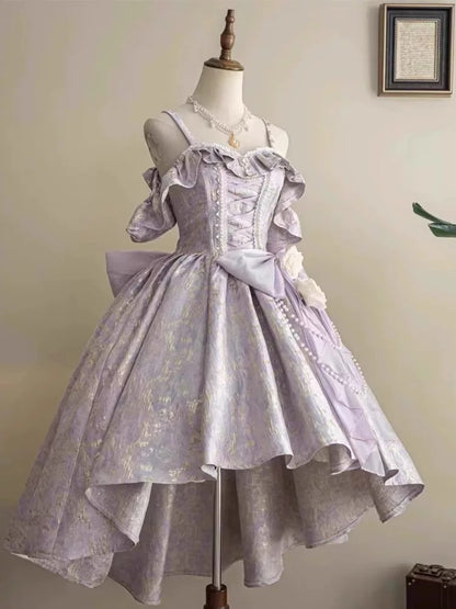 Vintage Prom Dress Outfit Ball Gown Spaghetti Strap Lilac Lace Long Prom Dresses Formal Evening Gowns AU370