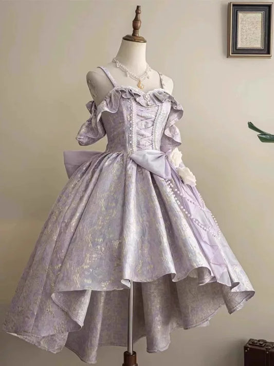 Vintage Prom Dress Outfit Ball Gown Spaghetti Strap Lilac Lace Long Prom Dresses Formal Evening Gowns AU370