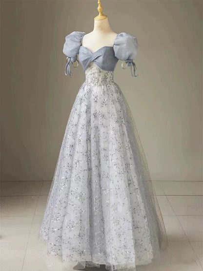 Gorgeous A Line Sweetheart Blue Tulle Sequins Prom Dresses Formal Party Teens Evening Gowns AU371
