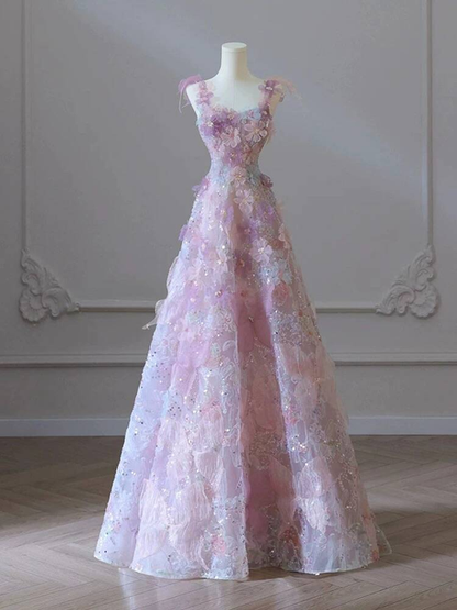 Beautiful A line Spaghetti Straps Pink Floral Sequin Prom Dresses Party Dress 21st Birthday Outfits Graduation Dress AU373