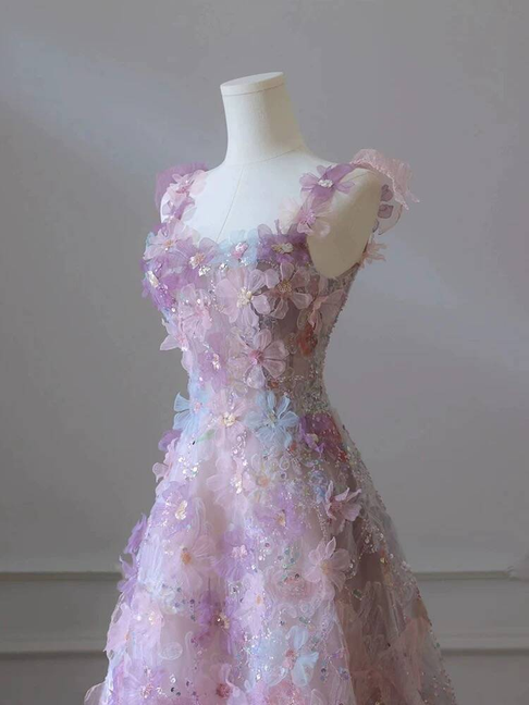 Beautiful A line Spaghetti Straps Pink Floral Sequin Prom Dresses Party Dress 21st Birthday Outfits Graduation Dress AU373