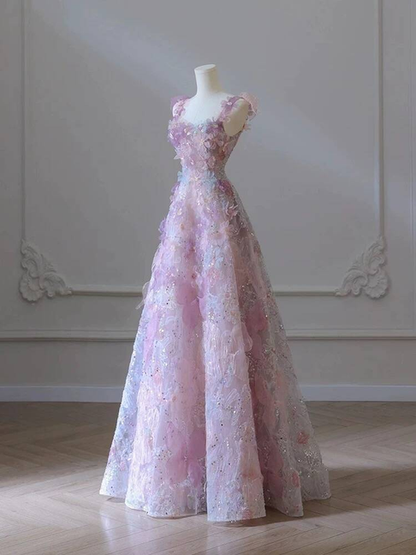 Beautiful A line Spaghetti Straps Pink Floral Sequin Prom Dresses Party Dress 21st Birthday Outfits Graduation Dress AU373