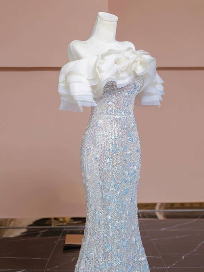 Sexy Mermaid Off The Shoulder Sequin Silver Long Prom Dress Inspiration Party Formal Gown Prom Dresses AU374