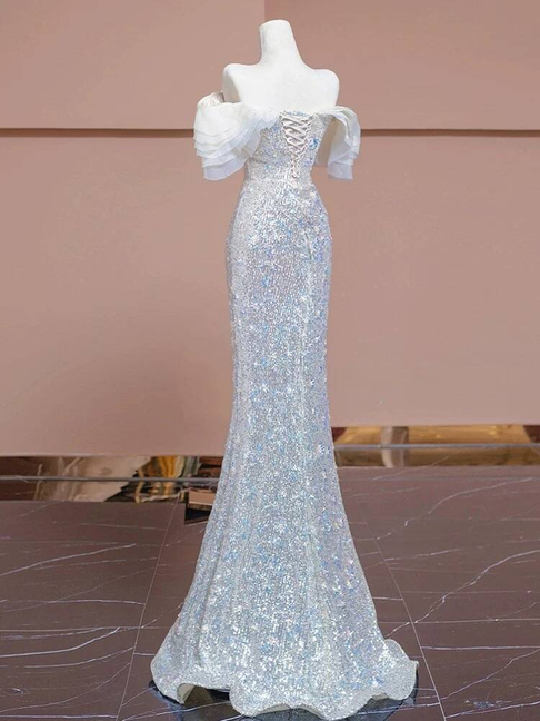 Sexy Mermaid Off The Shoulder Sequin Silver Long Prom Dress Inspiration Party Formal Gown Prom Dresses AU374
