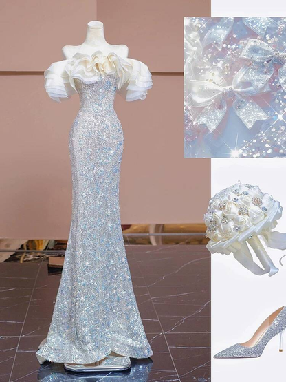 Sexy Mermaid Off The Shoulder Sequin Silver Long Prom Dress Inspiration Party Formal Gown Prom Dresses AU374