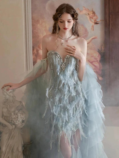 Vintage Mermaid Sweetheart Light Sky Blue Tulle Beaded Feathers Long Prom Dresses Formal Party Teens Evening Gowns AU374