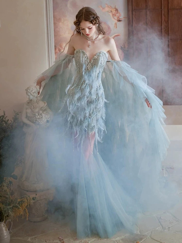 Vintage Mermaid Sweetheart Light Sky Blue Tulle Beaded Feathers Long Prom Dresses Formal Party Teens Evening Gowns AU374