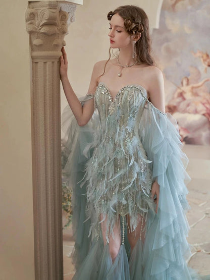Vintage Mermaid Sweetheart Light Sky Blue Tulle Beaded Feathers Long Prom Dresses Formal Party Teens Evening Gowns AU374