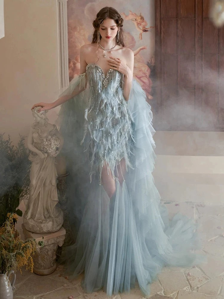 Vintage Mermaid Sweetheart Light Sky Blue Tulle Beaded Feathers Long Prom Dresses Formal Party Teens Evening Gowns AU374