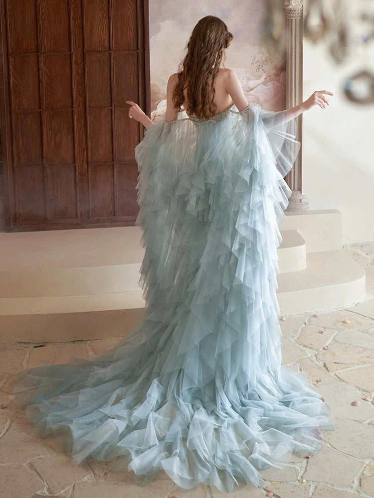 Vintage Mermaid Sweetheart Light Sky Blue Tulle Beaded Feathers Long Prom Dresses Formal Party Teens Evening Gowns AU374
