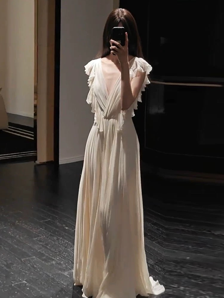 Gorgeous A Line V Neck Chiffon Ivory Long Prom Dresses Formal Party Teens Evening Gowns AU375