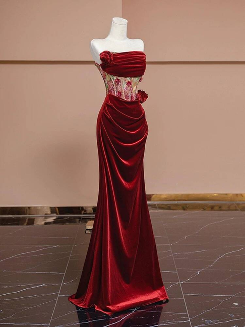 Sexy Mermaid Strapless Red Velvet Prom Dresses Party Dress 21st Birthday Outfits Graduation Dress AU377