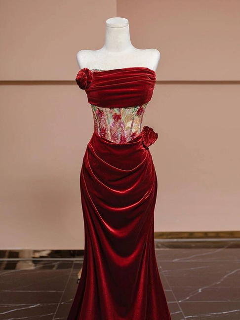 Sexy Mermaid Strapless Red Velvet Prom Dresses Party Dress 21st Birthday Outfits Graduation Dress AU377