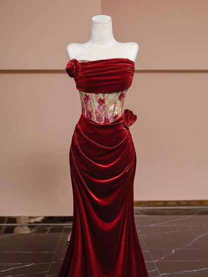 Sexy Mermaid Strapless Red Velvet Prom Dresses Party Dress 21st Birthday Outfits Graduation Dress AU377