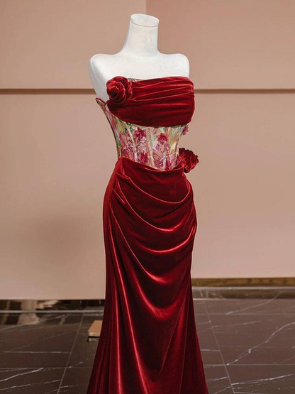 Sexy Mermaid Strapless Red Velvet Prom Dresses Party Dress 21st Birthday Outfits Graduation Dress AU377