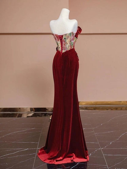 Sexy Mermaid Strapless Red Velvet Prom Dresses Party Dress 21st Birthday Outfits Graduation Dress AU377