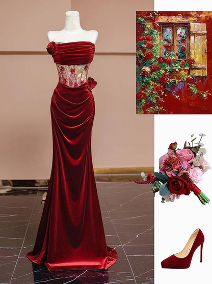 Sexy Mermaid Strapless Red Velvet Prom Dresses Party Dress 21st Birthday Outfits Graduation Dress AU377