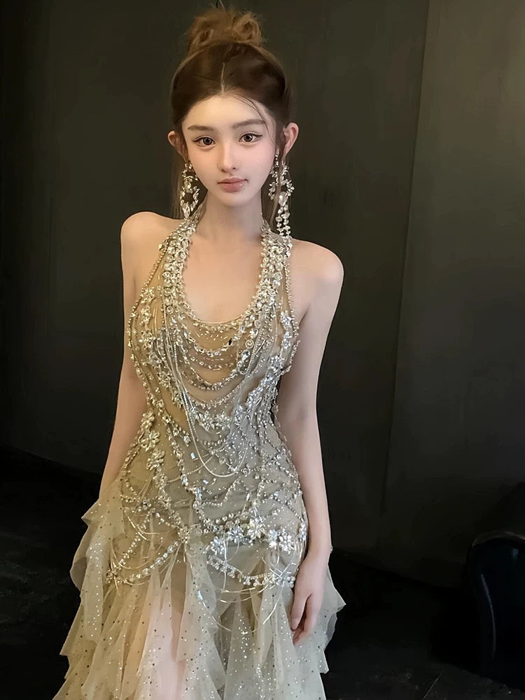 Vintage Mermaid Halter Champagne Tulle Silver Beaded Long Prom Dresses Formal Party Teens Evening Gowns AU377