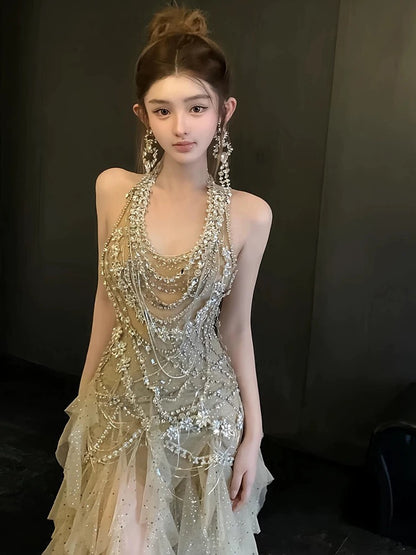 Vintage Mermaid Halter Champagne Tulle Silver Beaded Long Prom Dresses Formal Party Teens Evening Gowns AU377