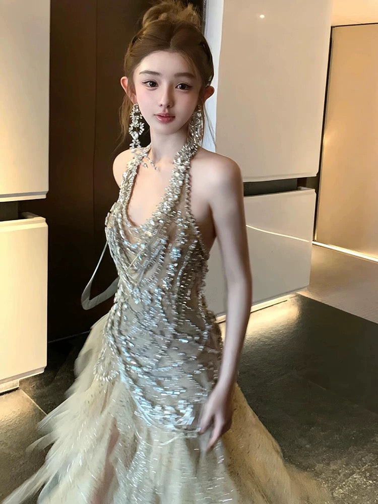 Vintage Mermaid Halter Champagne Tulle Silver Beaded Long Prom Dresses Formal Party Teens Evening Gowns AU377