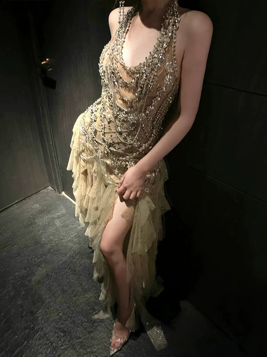 Vintage Mermaid Halter Champagne Tulle Silver Beaded Long Prom Dresses Formal Party Teens Evening Gowns AU377