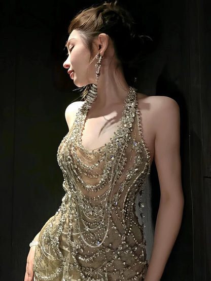 Vintage Mermaid Halter Champagne Tulle Silver Beaded Long Prom Dresses Formal Party Teens Evening Gowns AU377
