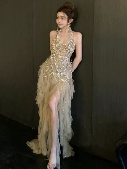 Vintage Mermaid Halter Champagne Tulle Silver Beaded Long Prom Dresses Formal Party Teens Evening Gowns AU377
