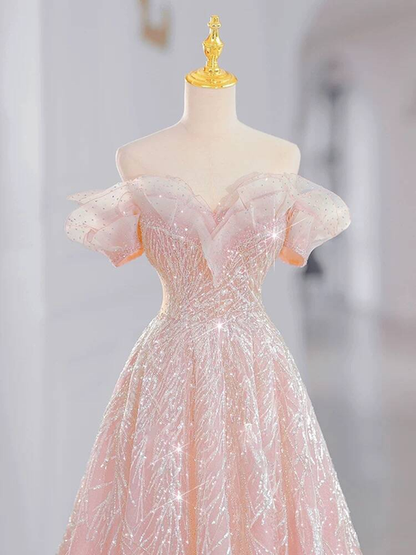 Beautiful A line Off The Shoulder Blush Pink Sequin Prom Dresses Party Dress 16th Birthday Outfits Graduation Dress AU378