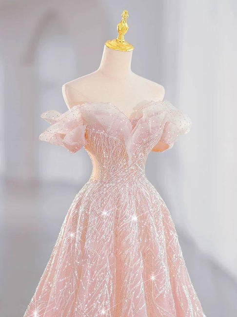 Beautiful A line Off The Shoulder Blush Pink Sequin Prom Dresses Party Dress 16th Birthday Outfits Graduation Dress AU378