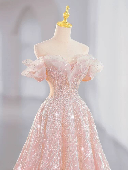 Beautiful A line Off The Shoulder Blush Pink Sequin Prom Dresses Party Dress 16th Birthday Outfits Graduation Dress AU378