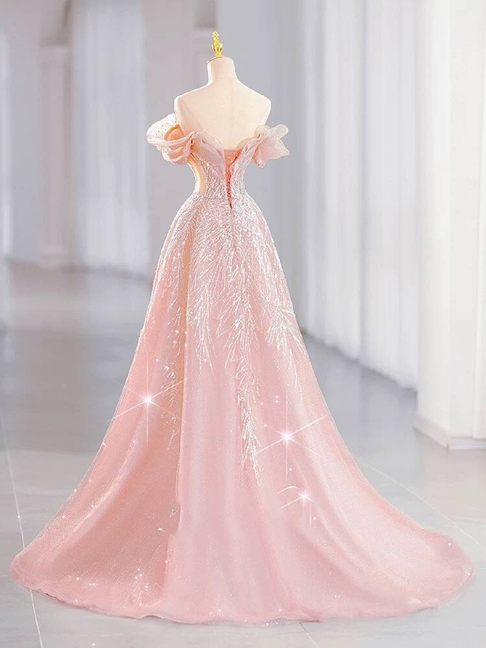 Beautiful A line Off The Shoulder Blush Pink Sequin Prom Dresses Party Dress 16th Birthday Outfits Graduation Dress AU378