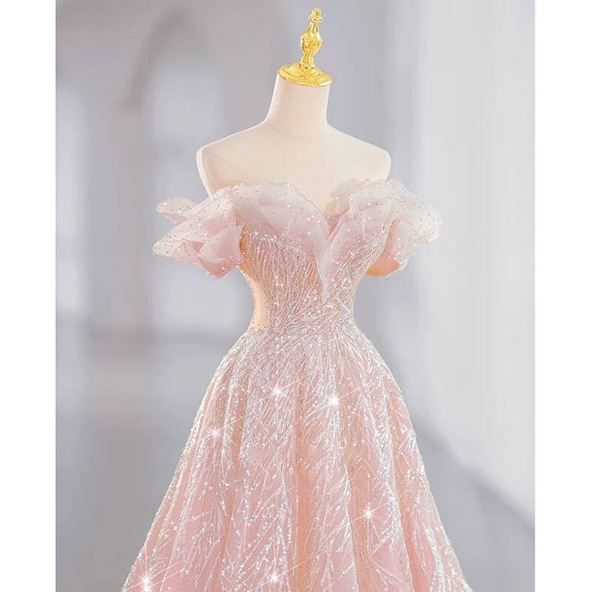 Beautiful A line Off The Shoulder Blush Pink Sequin Prom Dresses Party Dress 16th Birthday Outfits Graduation Dress AU378