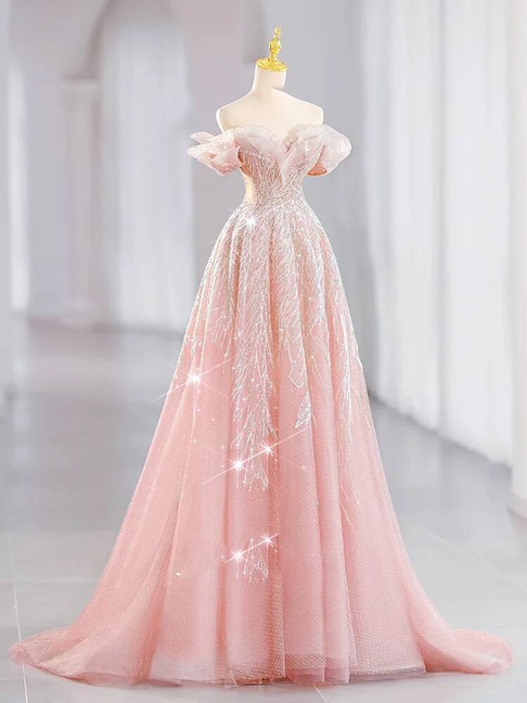 Beautiful A line Off The Shoulder Blush Pink Sequin Prom Dresses Party Dress 16th Birthday Outfits Graduation Dress AU378