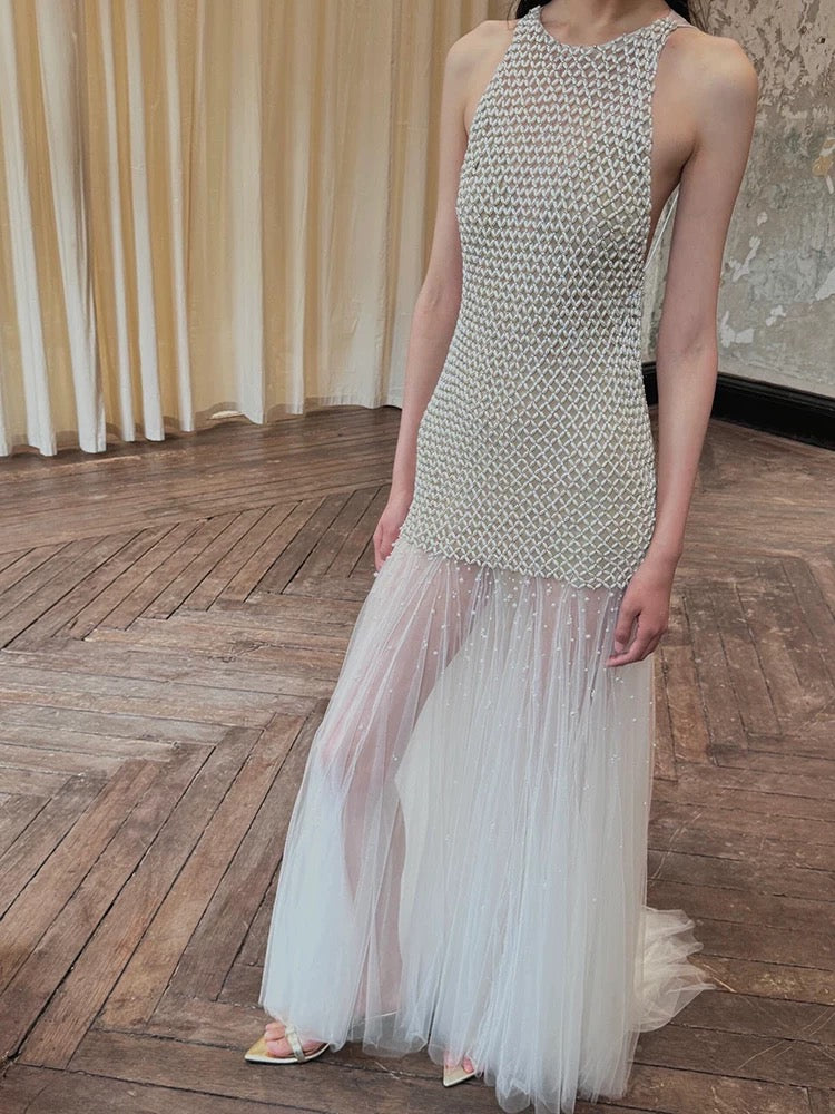 Sexy Mermaid Scoop Tulle With Pearls Gem Long Summer Bride Dress Long Bride Dress Classy Wedding Dresses AU378