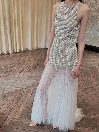 Sexy Mermaid Scoop Tulle With Pearls Gem Long Summer Bride Dress Long Bride Dress Classy Wedding Dresses AU378