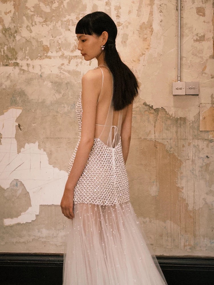Sexy Mermaid Scoop Tulle With Pearls Gem Long Summer Bride Dress Long Bride Dress Classy Wedding Dresses AU378