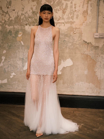 Sexy Mermaid Scoop Tulle With Pearls Gem Long Summer Bride Dress Long Bride Dress Classy Wedding Dresses AU378