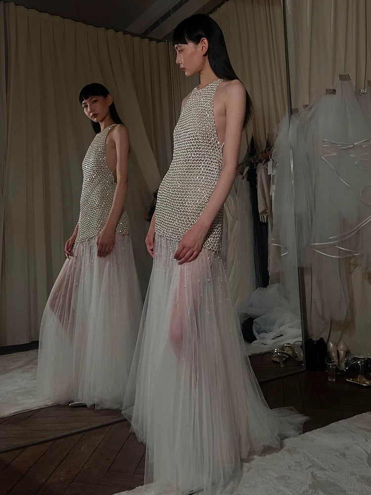 Sexy Mermaid Scoop Tulle With Pearls Gem Long Summer Bride Dress Long Bride Dress Classy Wedding Dresses AU378