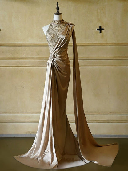 Gorgeous Mermaid One Shoulder High Neck With Beads Pleated Long Prom Dresses Formal Evening Gowns AU379