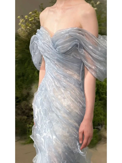 Gorgeous Mermaid Off The Shoulder Light Sky Blue Organza Long Prom Dresses Formal Party Teens Evening Gowns AU380