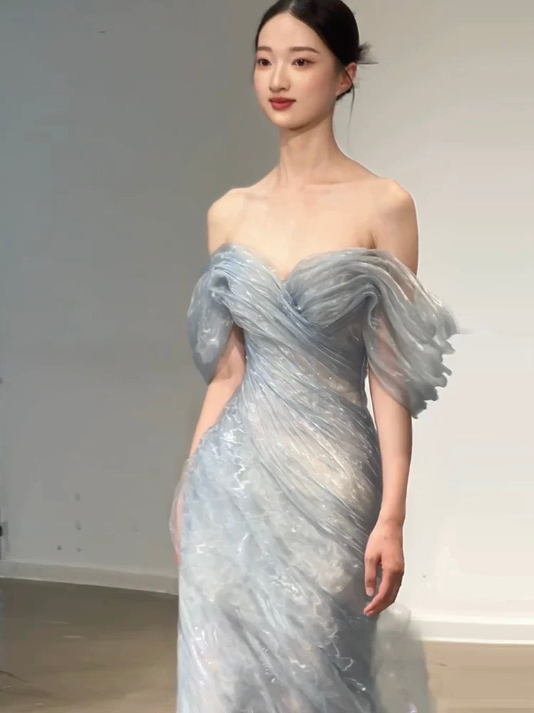 Gorgeous Mermaid Off The Shoulder Light Sky Blue Organza Long Prom Dresses Formal Party Teens Evening Gowns AU380