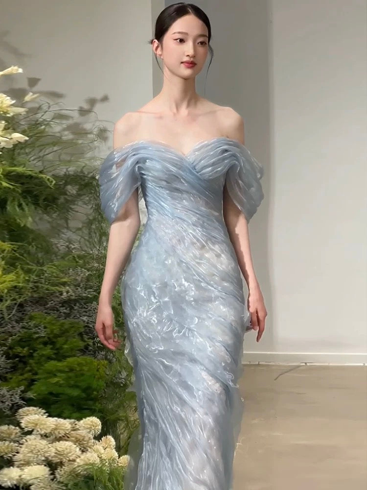 Gorgeous Mermaid Off The Shoulder Light Sky Blue Organza Long Prom Dresses Formal Party Teens Evening Gowns AU380