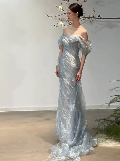 Gorgeous Mermaid Off The Shoulder Light Sky Blue Organza Long Prom Dresses Formal Party Teens Evening Gowns AU380