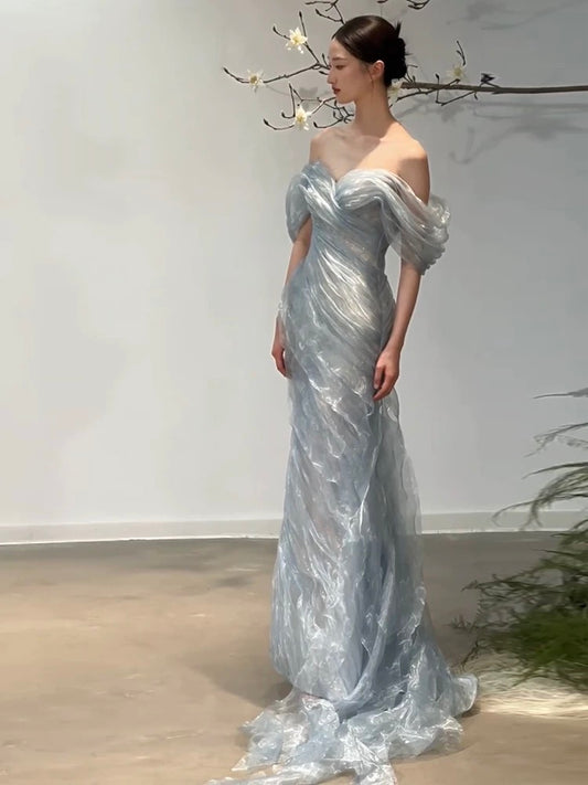 Gorgeous Mermaid Off The Shoulder Light Sky Blue Organza Long Prom Dresses Formal Party Teens Evening Gowns AU380