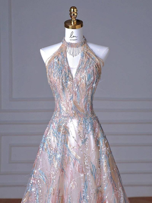 Beautiful Ball Gown High Neck Long Sequin Prom Dresses Party Dress 16th Birthday Outfits Graduation Dress AU381