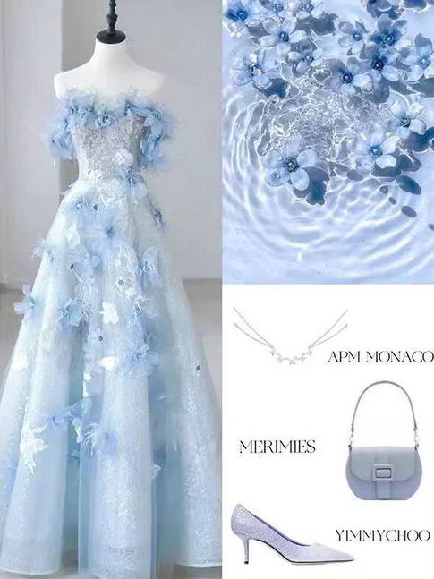 Modest Ball Gown Off The Shoulder Blue Sequin Long Prom Dress Inspiration Party Formal Gown Prom Dresses AU382