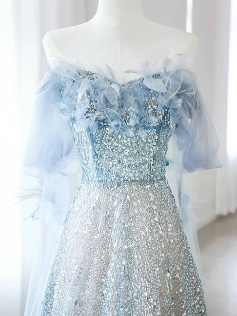 Modest Ball Gown Off The Shoulder Blue Sequin Flowers Long Prom Dress Inspiration Party Formal Gown Prom Dresses AU383