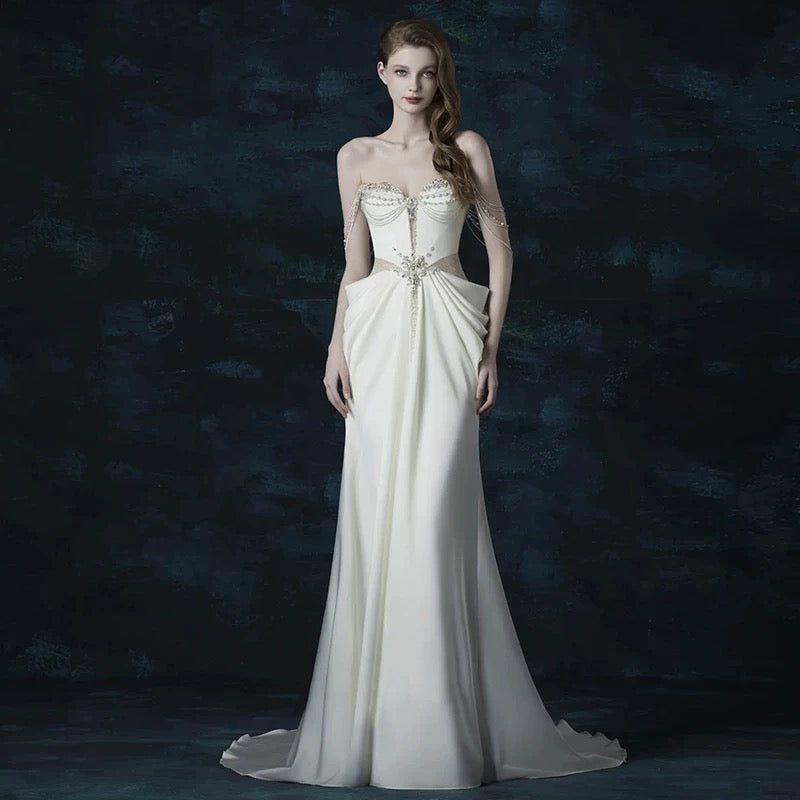 Sexy Mermaid Sweetheart With Silver Beads Gem Long Summer Bride Dress Long Bride Dress Classy Wedding Dresses AU383