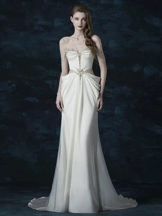 Sexy Mermaid Sweetheart With Silver Beads Gem Long Summer Bride Dress Long Bride Dress Classy Wedding Dresses AU383